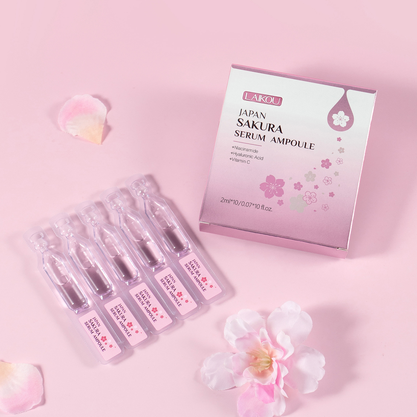 Cross-border new product Laikou Cherry Blossom Essence Ampoule 2ml*10 Facial Hydrating and Moisturizing Essence wholesale Niacinamide full figure