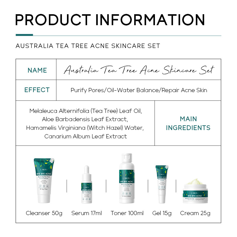 LAIKOU Australian Tea Tree Five-piece Facial Care Set: Facial Cleanser, Cream, toner, Essence and Gel in stock Application Scenario