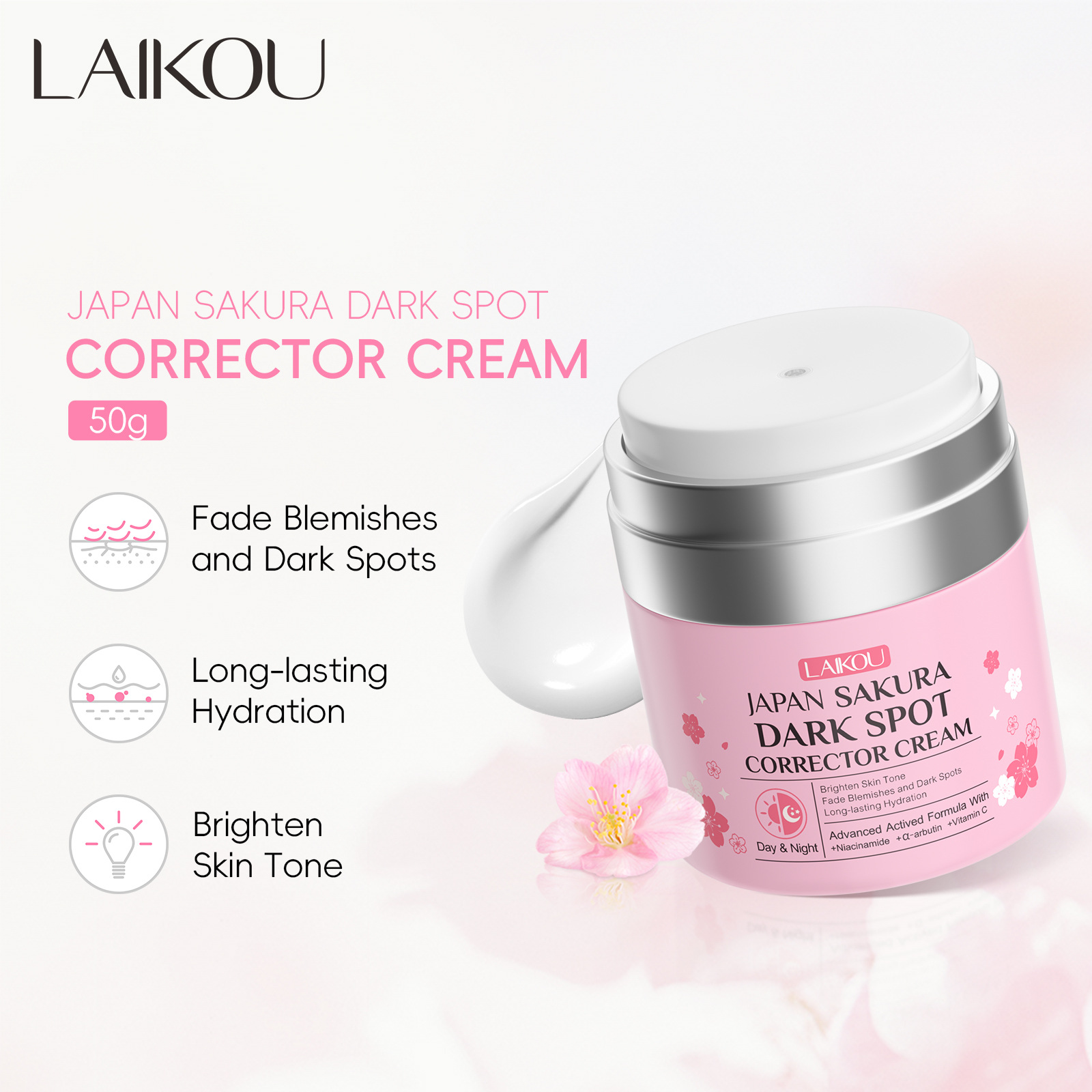 The new cross-border product, Laikou Cherry Blossom Cream 50g, is a hydrating, moisturizing and brightening moisturizing cream from an fda cosmetics manufacturer full figure