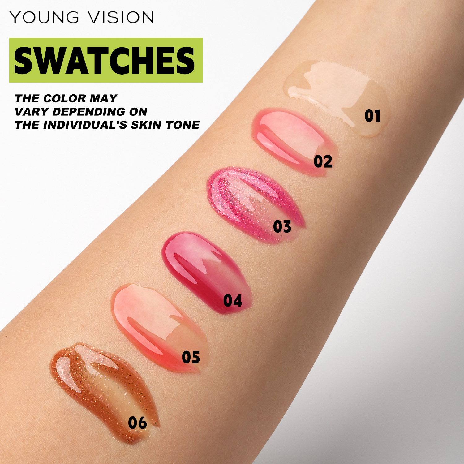 YOUNG VISION Lip Moisturizer, Lip Care Oil, Hydrating Lip Gloss and Transparent Lip Gloss are available in 6 colors Specification drawing