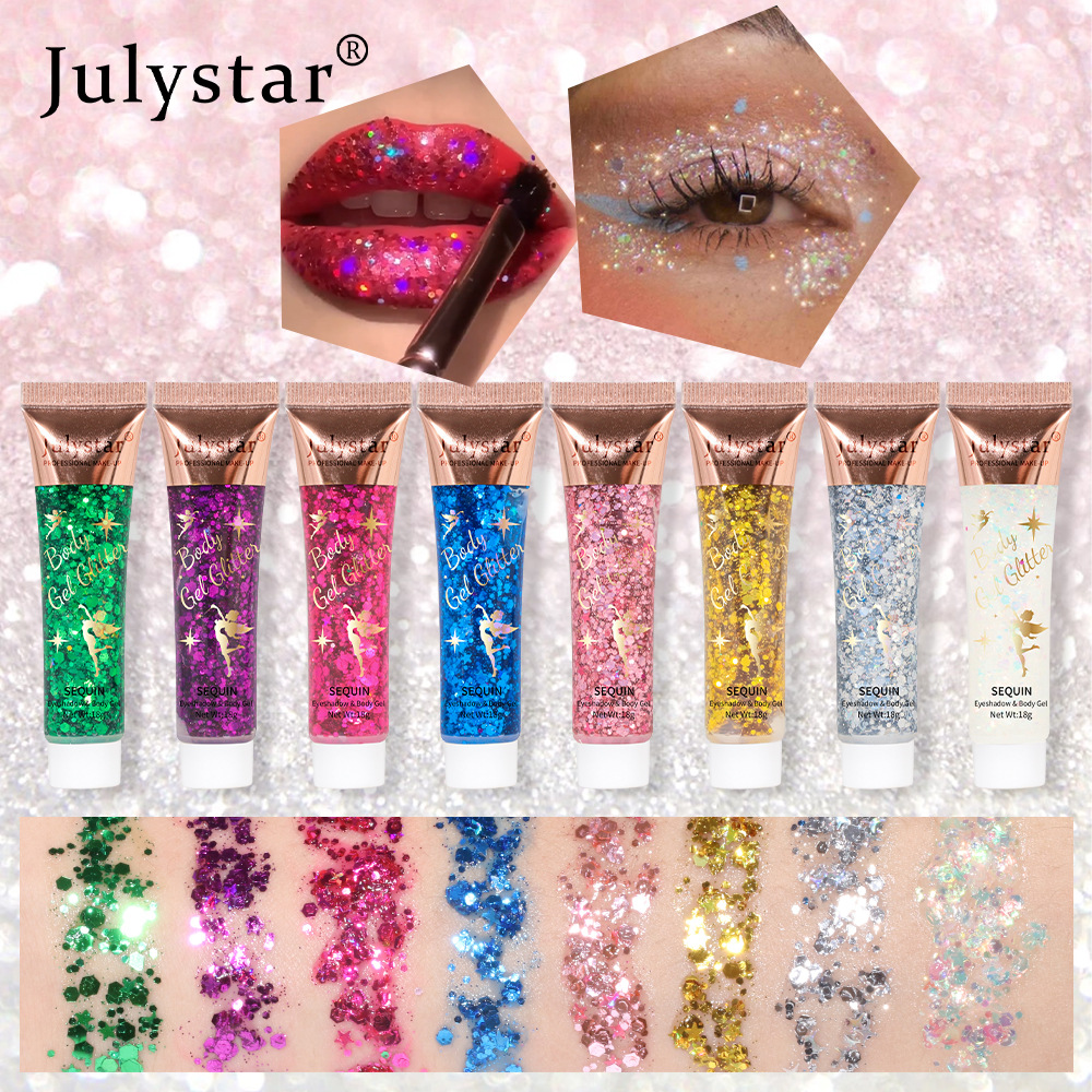 Julystar Mermaid Scale Gel Sequin Eyeshadow Liquid, Face and Lip Glitter, Body Polarized, Stage Sequin Eyeshadow full figure