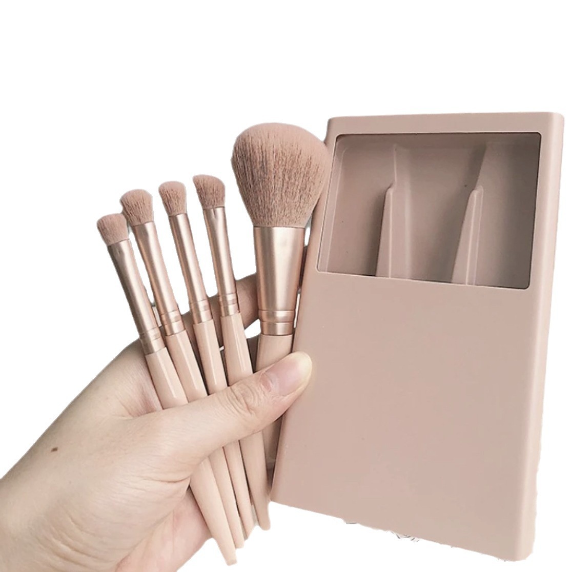 Mini portable Morandi 5-tube makeup brush box set with mirror for girls, a must-have portable travel makeup mirror Item Picture