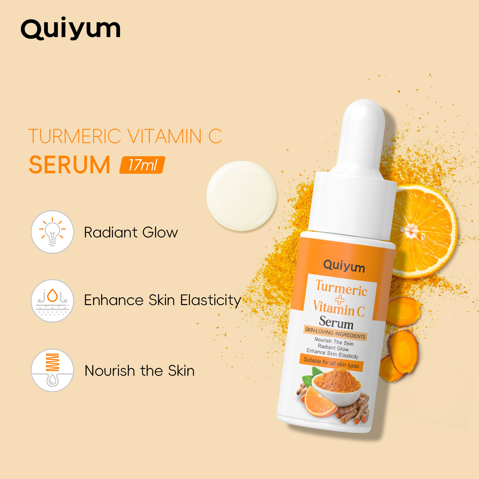 quiyum cross-border new Product Turmeric Vitamin c Essence 17ml for hydrating, moisturizing and nourishing, in stock from the manufacturer full figure