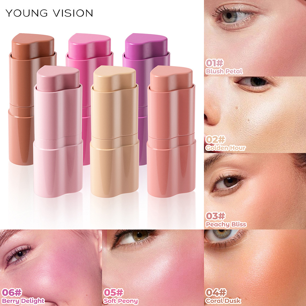 YOUNG VISION 6-color Heart-shaped Blush Cream, Contouring Stick, Facial Contouring Mousse, Blush and Lipstick in One full figure