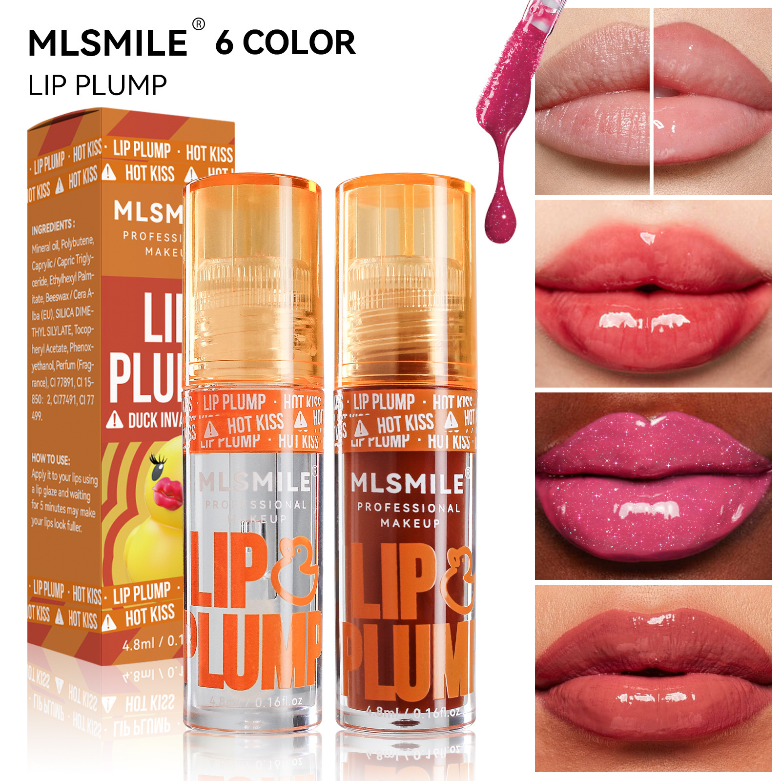 MLSMILE 6-color Duck Lip Oil Lip Gloss, Big Mouth Pouty Lip Honey Lip Glaze full figure