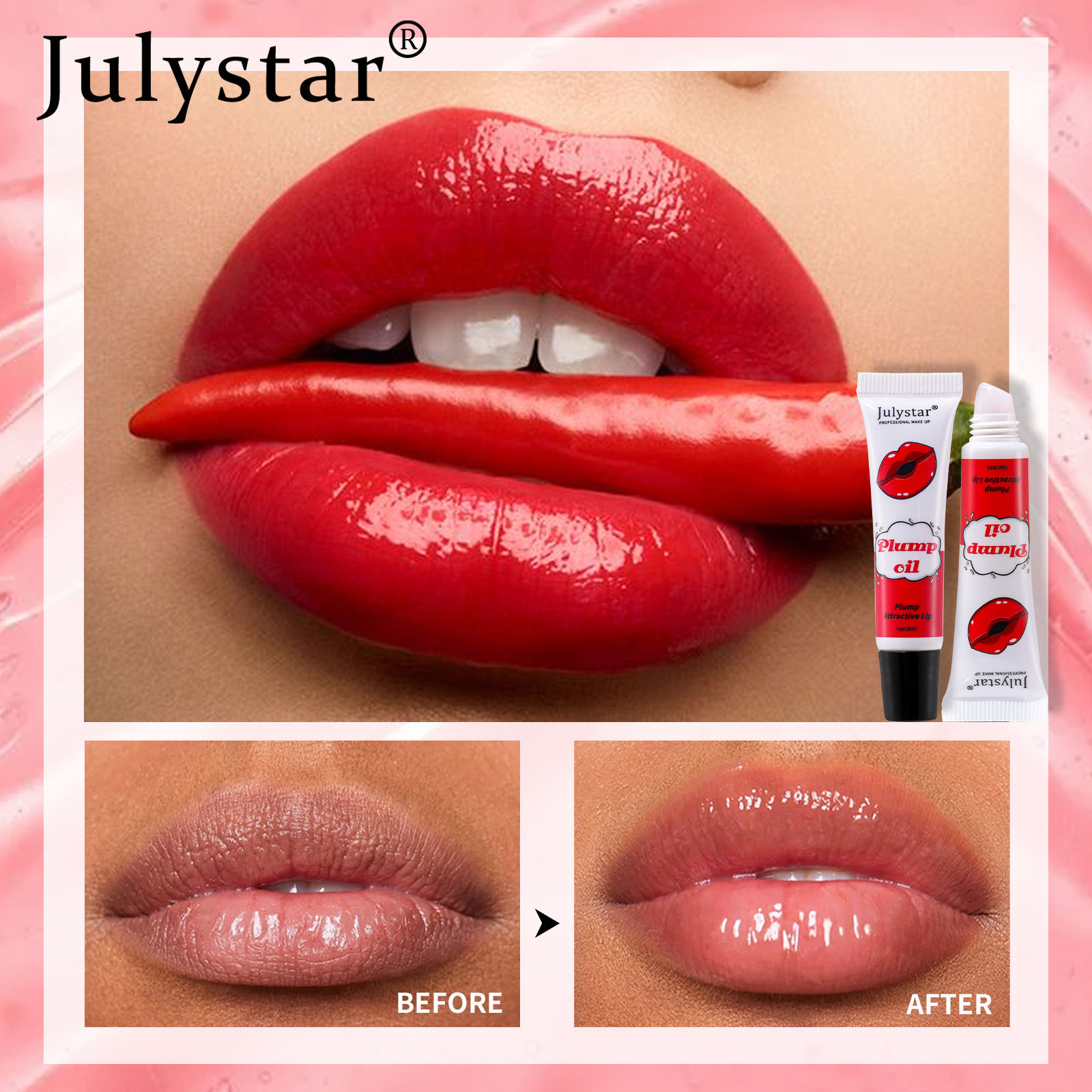 Julystar Lip Makeup, Water Gloss Lip Oil, Mirror Puffy Lip Gloss Specification drawing