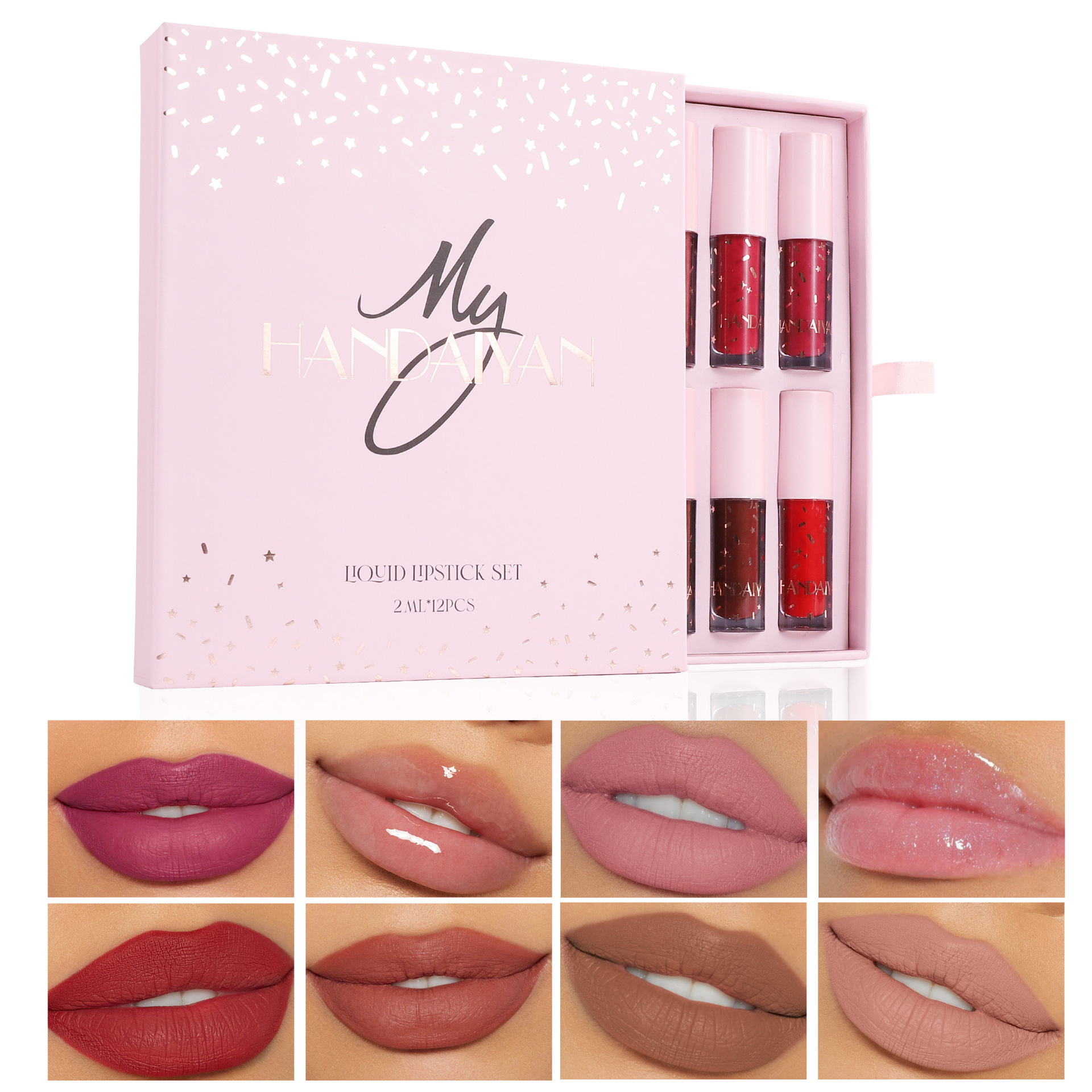 Cross-border 12-color matte lip gloss set handaiyan Long-lasting waterproof non-stick rim Red Lip gloss set full figure