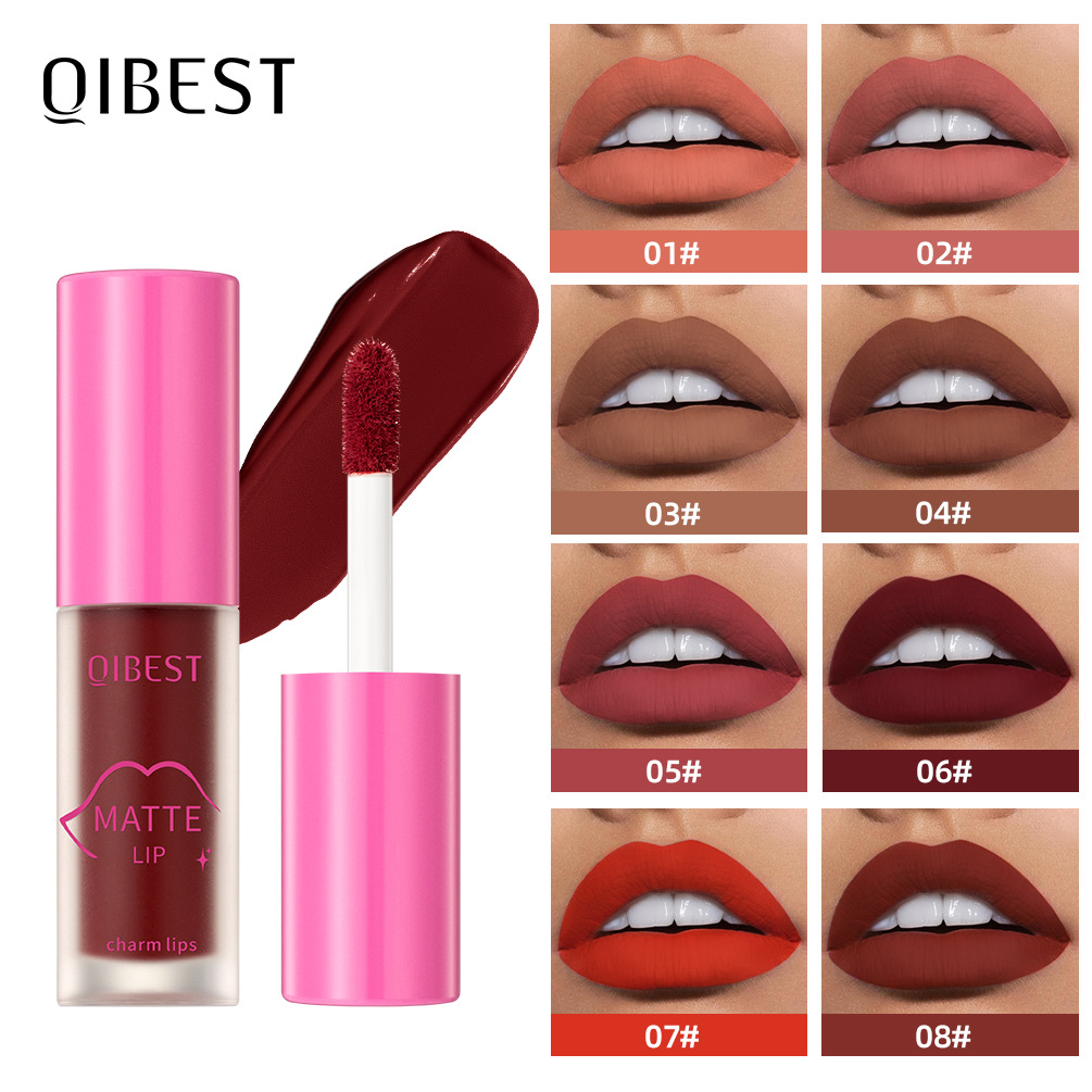 QIBEST Cross-border Smooth matte Lip Gloss, non-stick, non-fading, waterproof, moisturizing and long-lasting matte lip gloss full figure