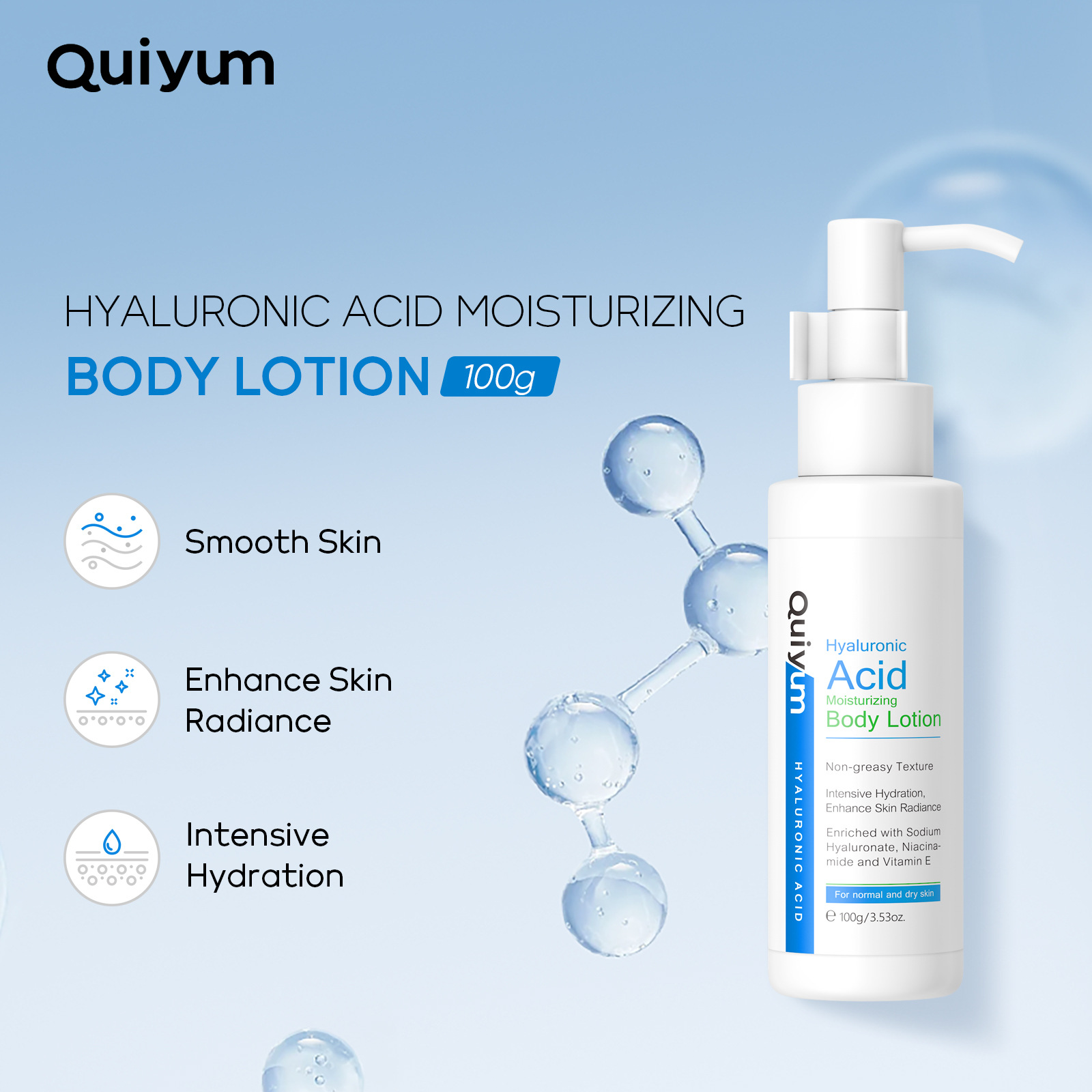 QUIYUM's new cross-border product, 100g hyaluronic acid Body Lotion, is available for wholesale from the manufacturer to hydrate, moisturize and nourish the skin full figure