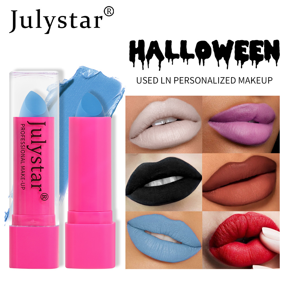 Julystar Halloween Black Lipstick with a natural matte finish that doesn't fade or stick to cups details Picture