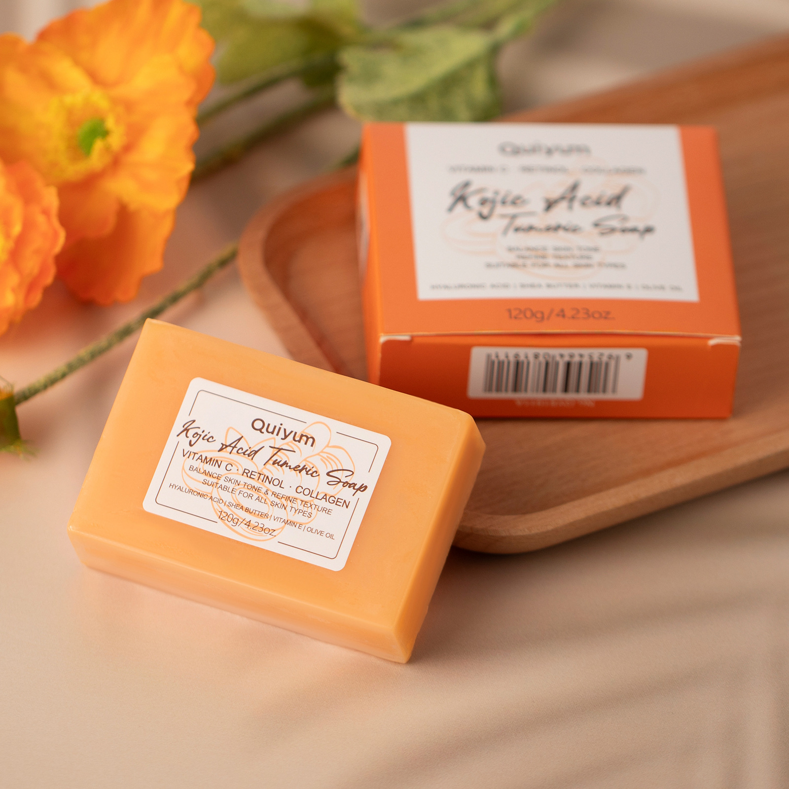 Cross-border full English version QUIYUM Curcumic acid Cleaning Handmade Soap 120g Soap Essential oil soap manufacturer wholesale full figure