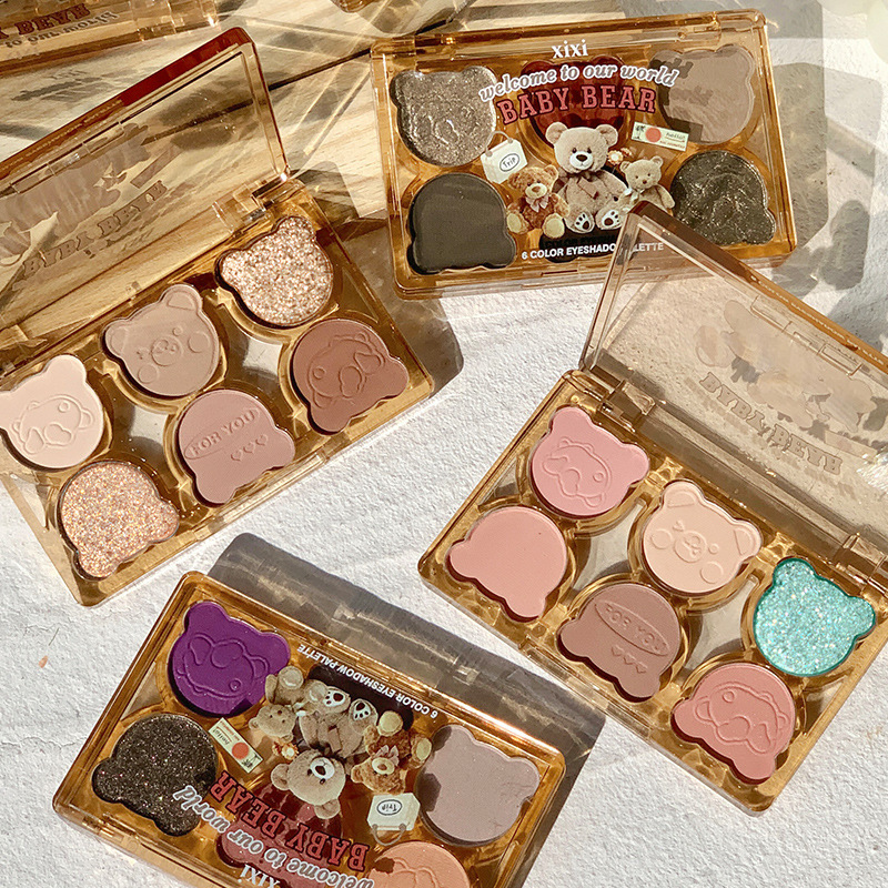 Beauty xixi Working Bear six-color eyeshadow, cool, broken diamond pink, purple and blue contrast color y2k imitation smoky cut eye makeup full figure