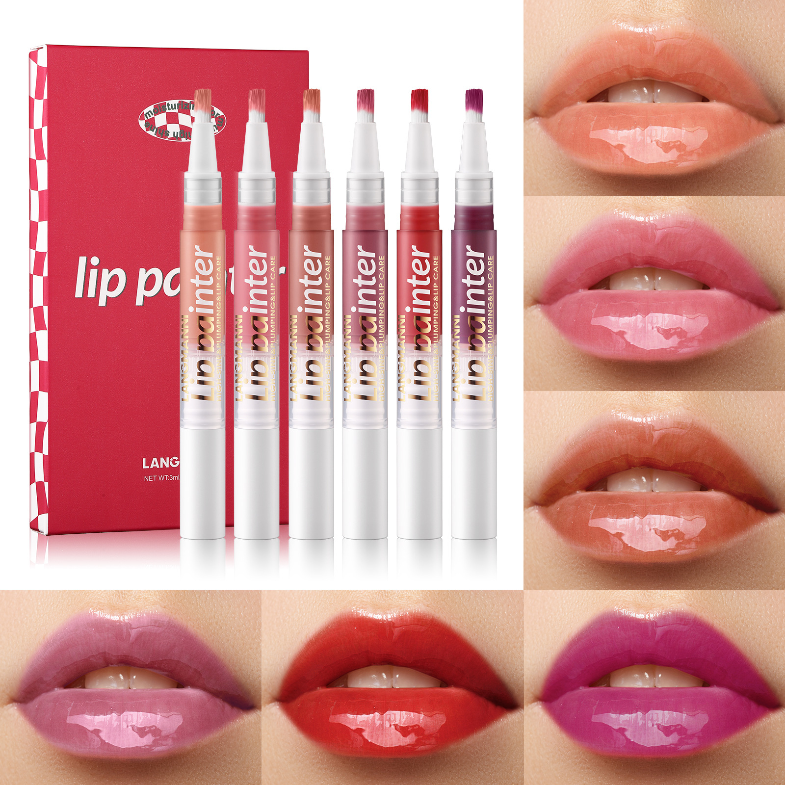LANGMANNI Rotating Lip Gloss with pearlescent and easy-to-apply soft brush glitter lip gloss Specification drawing