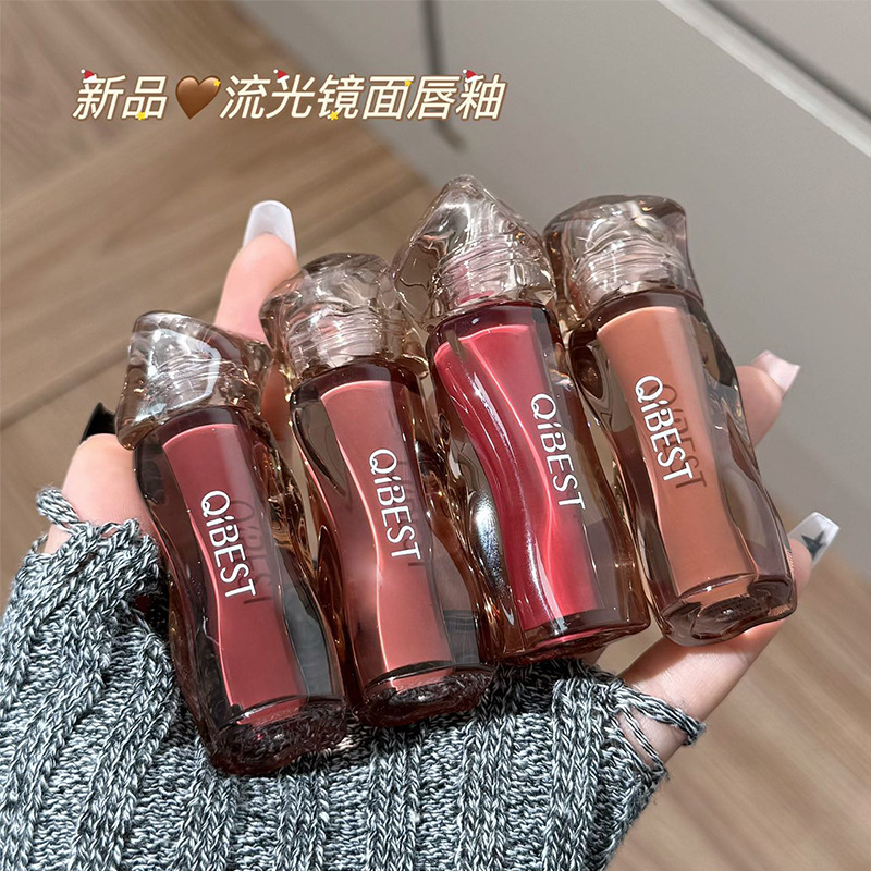 QIBEST Tea-brown Flowing Mirror Lip Gloss four-color Curved Lipstick for export, dark series lip mud one-piece consignment full figure