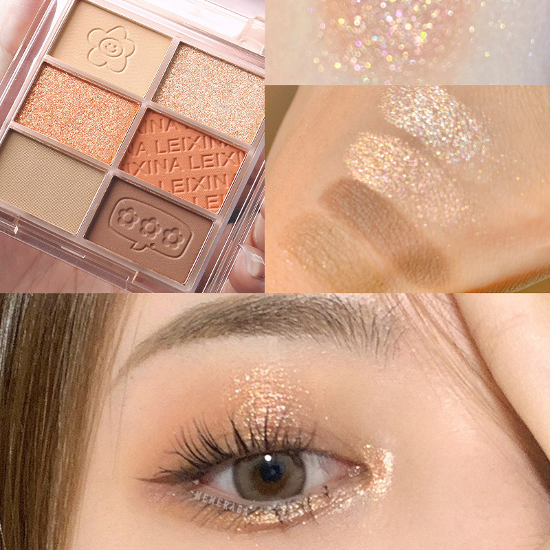 Six-color eyeshadow palette, multi-purpose, earth tones, fine glitter, matte, sugar color, soft light. Affordable makeup for students and beginners Application Scenario