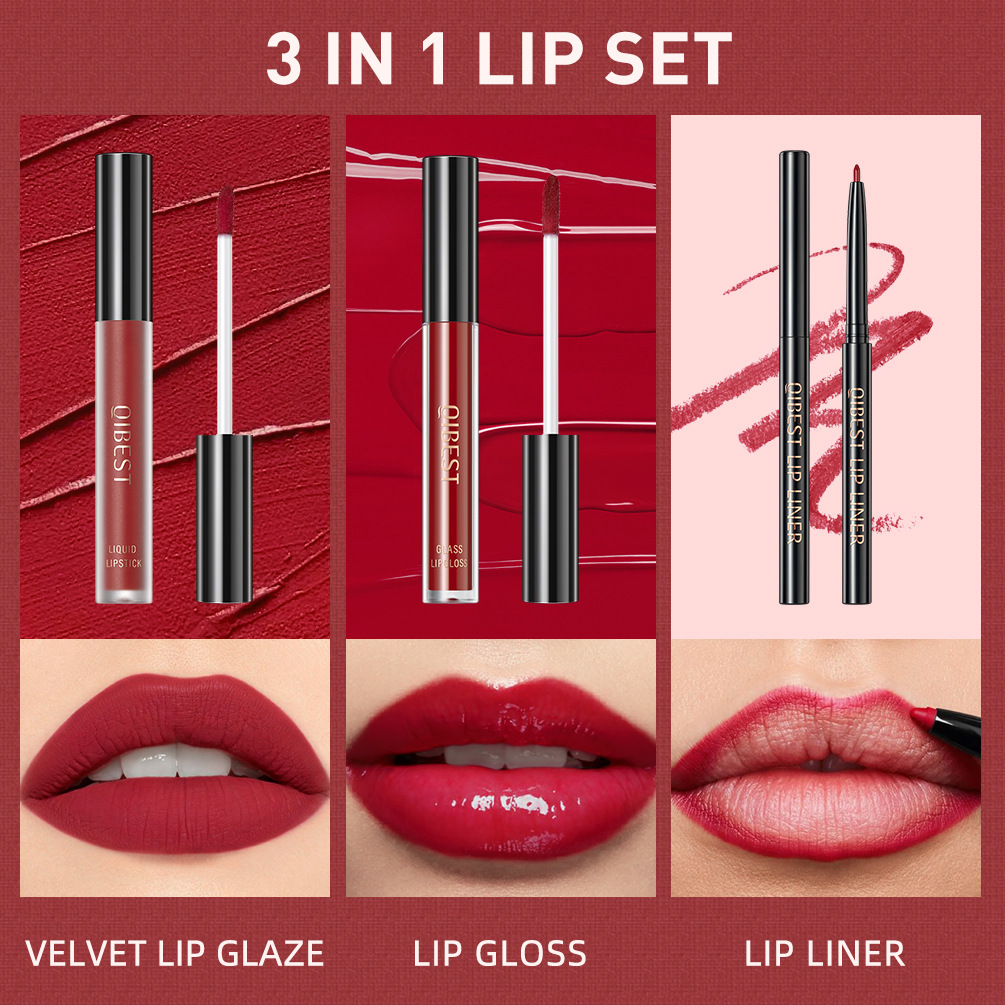 QIBEST Cross Border non-stick cup non-fading lip glaze matte mist moisturizing lip line set 3-in-1 Makeup details Picture