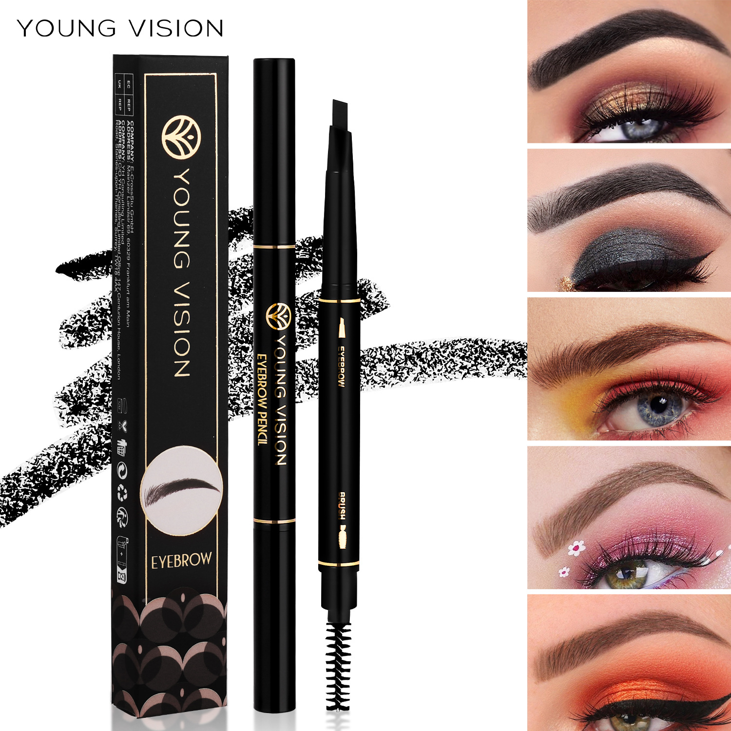 YOUNG VISION Automatic rotating double-head triangle eyebrow pencil with less smudge, double-head with brush full figure