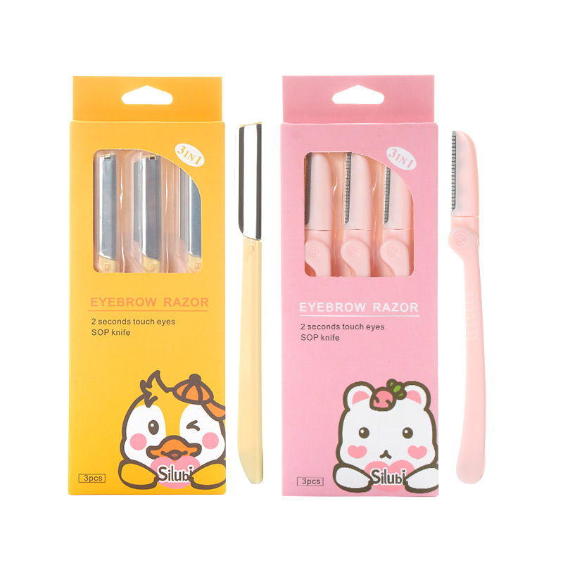 Ruby Cartoon All-English eyebrow Shaving Razor Three-piece set, folding eyebrow shaping blade, sharp blade, beginner's professional version Item Picture