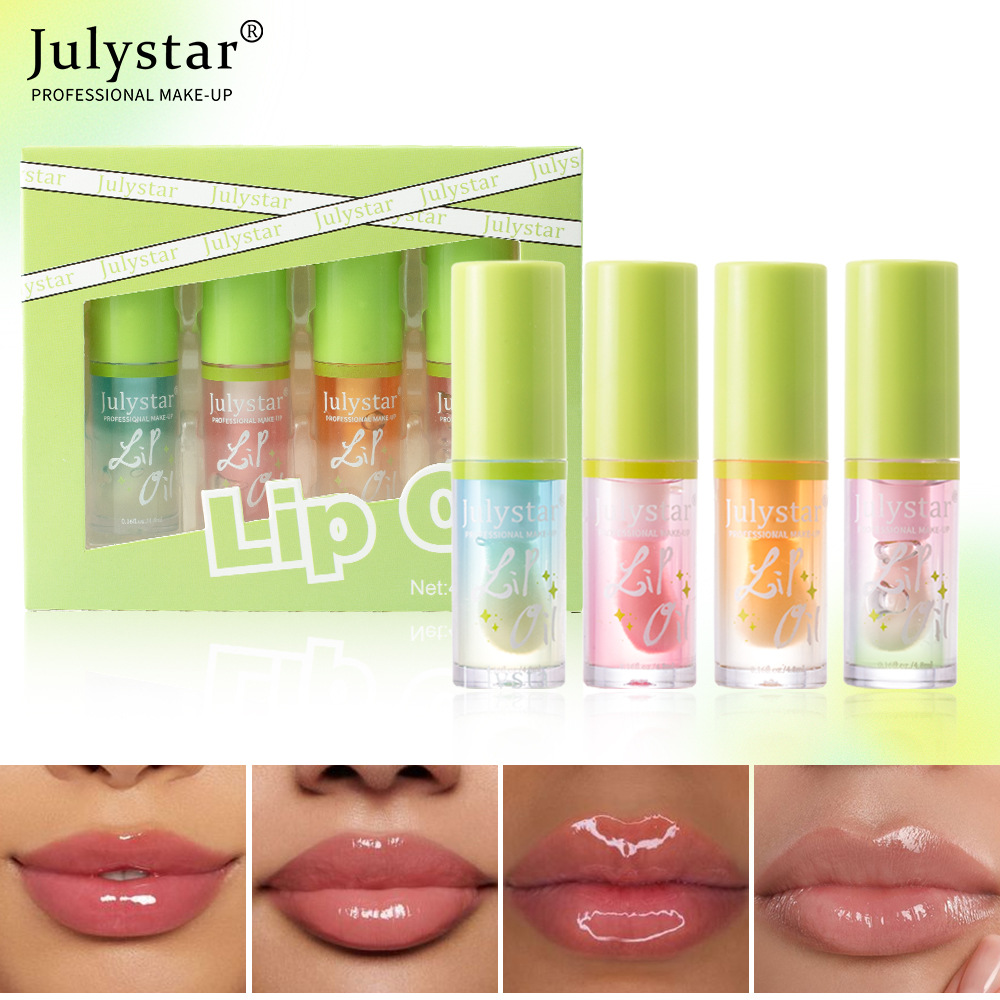 Julystar Hydrating Head Brush Lip Gloss Mirror Moisturizing Hami Melon Lip Oil 4-bottle Set Wholesale Makeup Specification drawing
