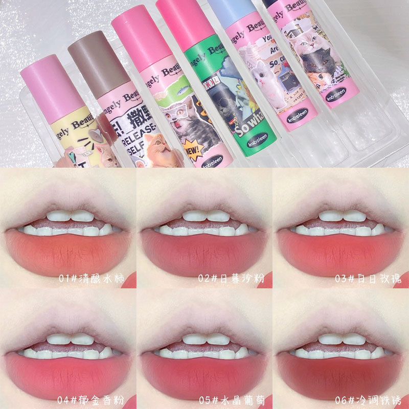 kobeleen Fun Cat Lip Gloss Six-color Set, Light and dense lipstick matte velvet Lip gloss for girls to look fair, wholesale Specification drawing