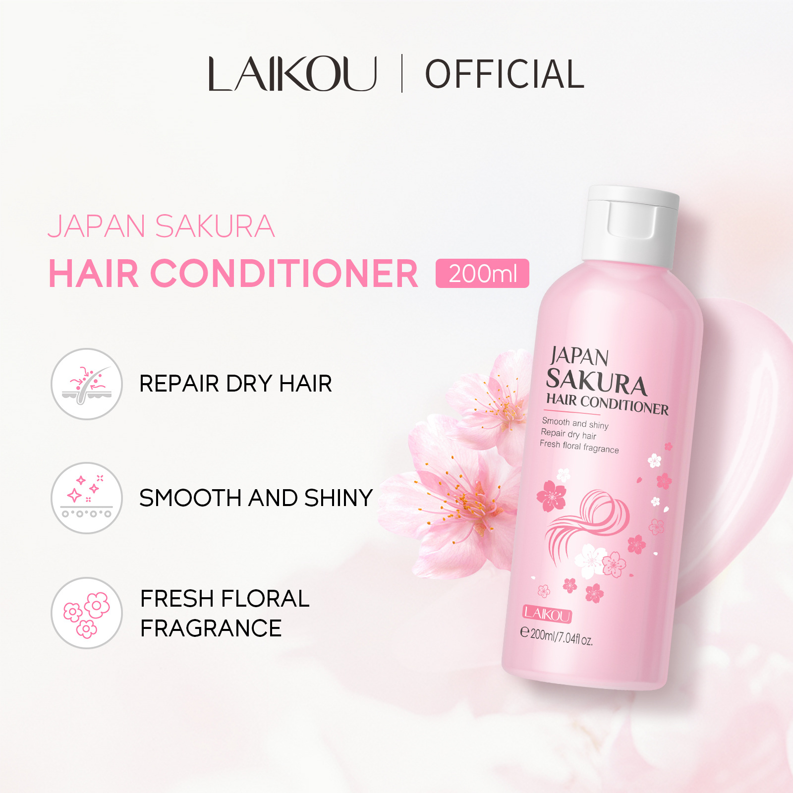 Cross-border LAIKOU Cherry Blossom Conditioner 200ml, smooth, lustrous, Moisturizing and improving frizz, factory in stock wholesale full figure