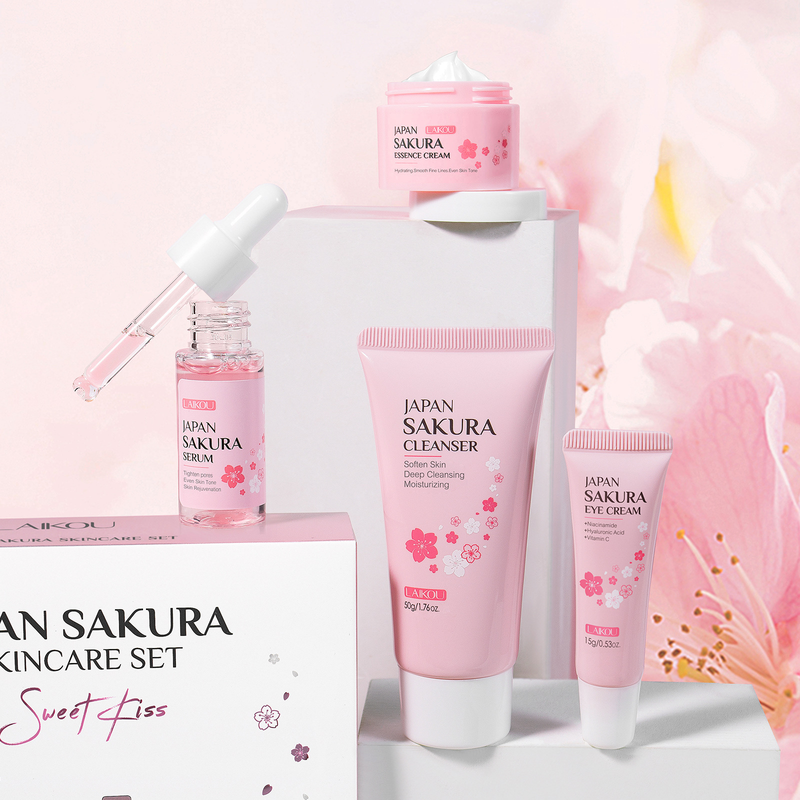 Cross-border Laicome Japanese Sakura Facial Care Set 4-piece set, Cleanser, essence, Eye cream, face cream manufacturer wholesale full figure