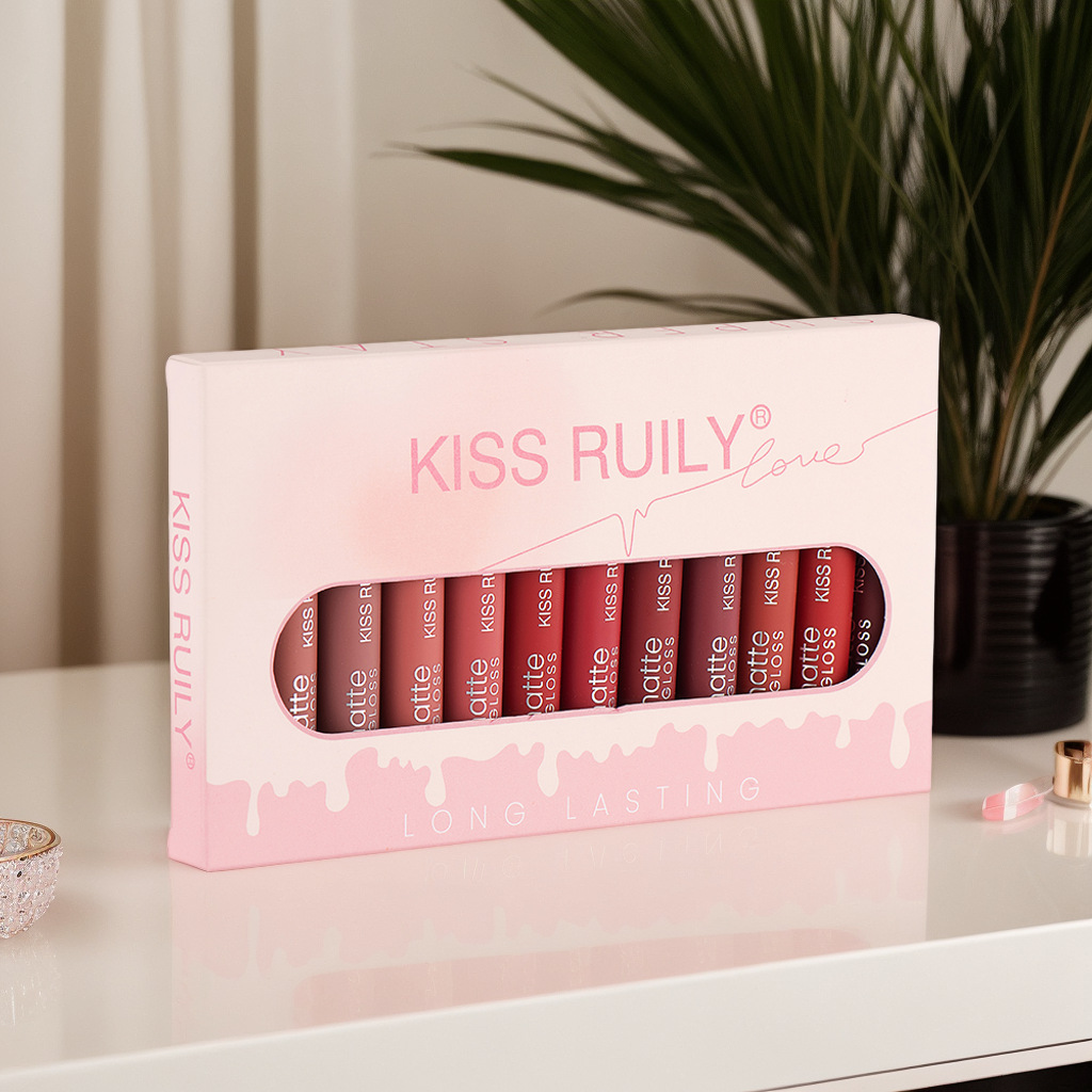 Cross-border Makeup 12-piece matte non-stick cup lip gloss set, European and American style liquid lipstick velvet waterproof lip gloss for export details Picture