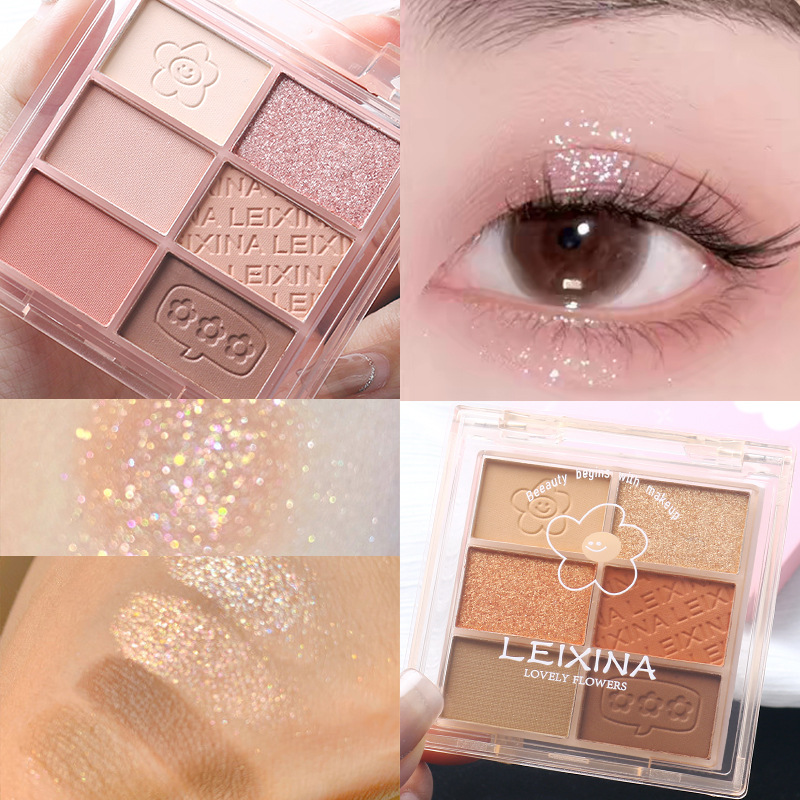Six-color eyeshadow palette, multi-purpose, earth tones, fine glitter, matte, sugar color, soft light. Affordable makeup for students and beginners details Picture