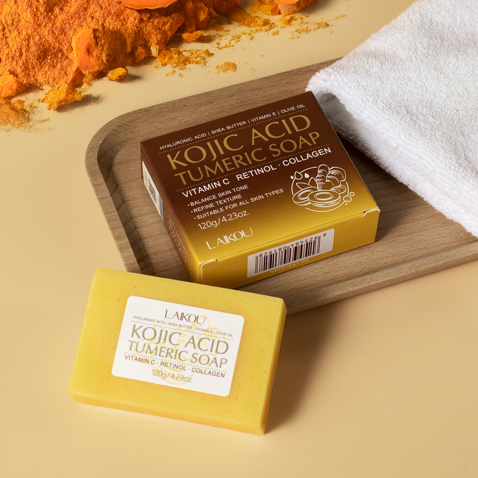 Cross-border new product LAIKOU Curic Acid Turmeric Soap 120g for cleansing facial skin and brightening complexion. Wholesale of facial soap full figure