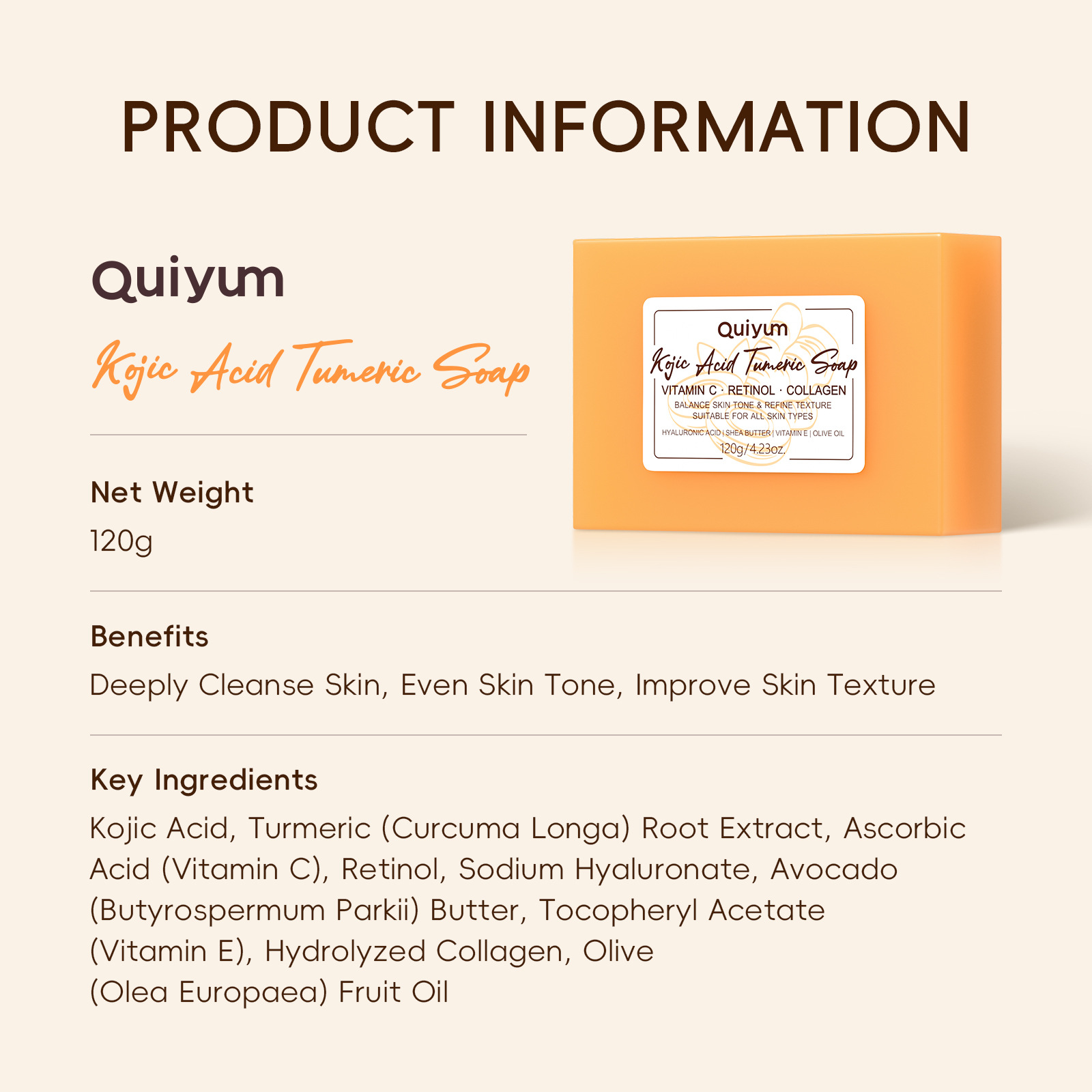 Cross-border full English version QUIYUM Curcumic acid Cleaning Handmade Soap 120g Soap Essential oil soap manufacturer wholesale Specification drawing