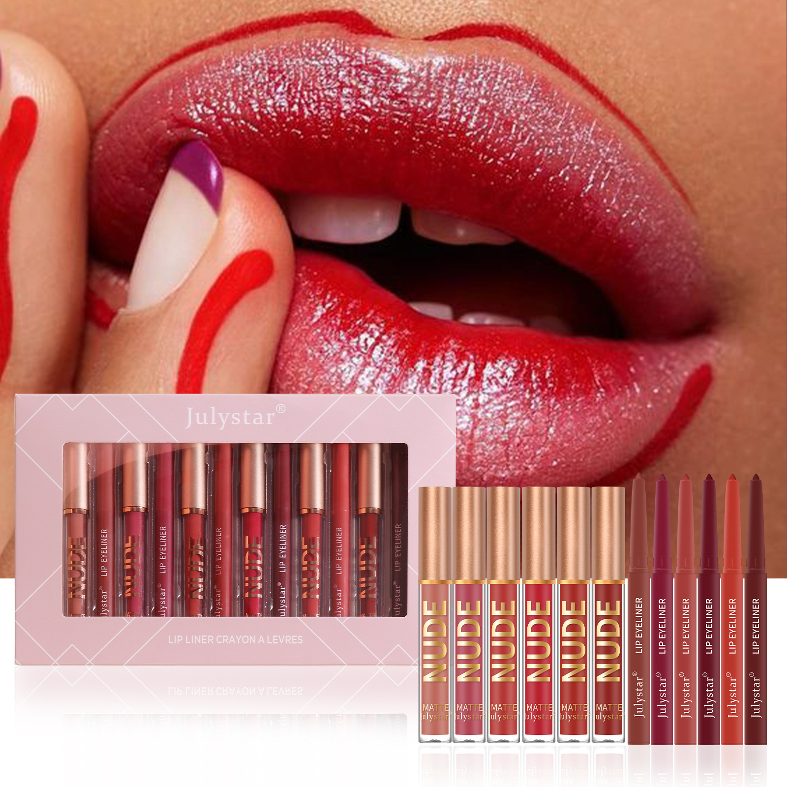 Julystar Makeup bestseller Non-stick cup mouth red pen Cross-border European and American waterproof long-lasting matte lip gloss lip liner pen details Picture