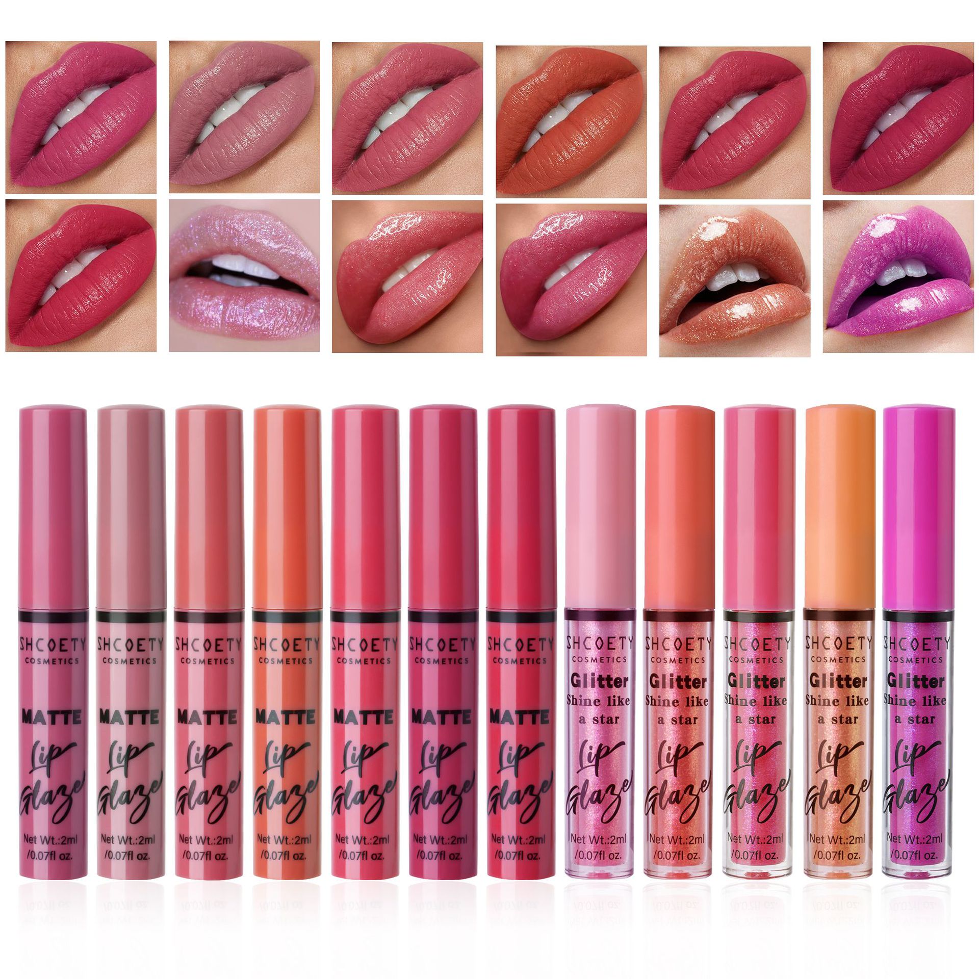 SHCOETY Cross-border 12-Lip Gloss Set Matte Fine Sparkle long-lasting non-stick cup Non-fading European and American nude lipstick details Picture