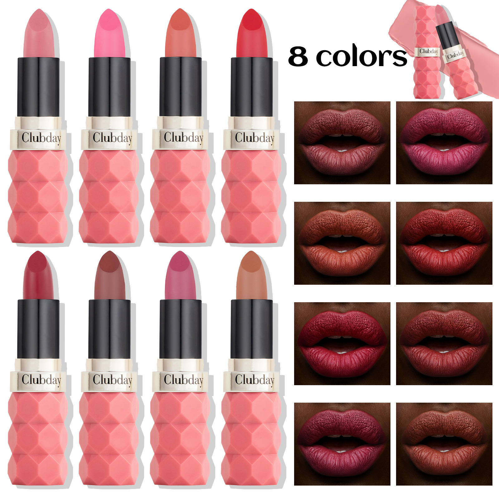 Clubday diamond-cut matte lipstick for export, non-fading and non-sticking velvet 8-color matte new lipstick wholesale full figure