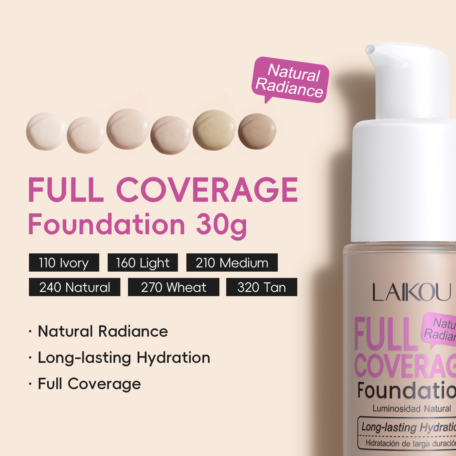 Cross-border LAIKOU Full-coverage Moisturizing Foundation 30g Brightening and Makeup Not easily smudge, export concealer and waterproof English full figure