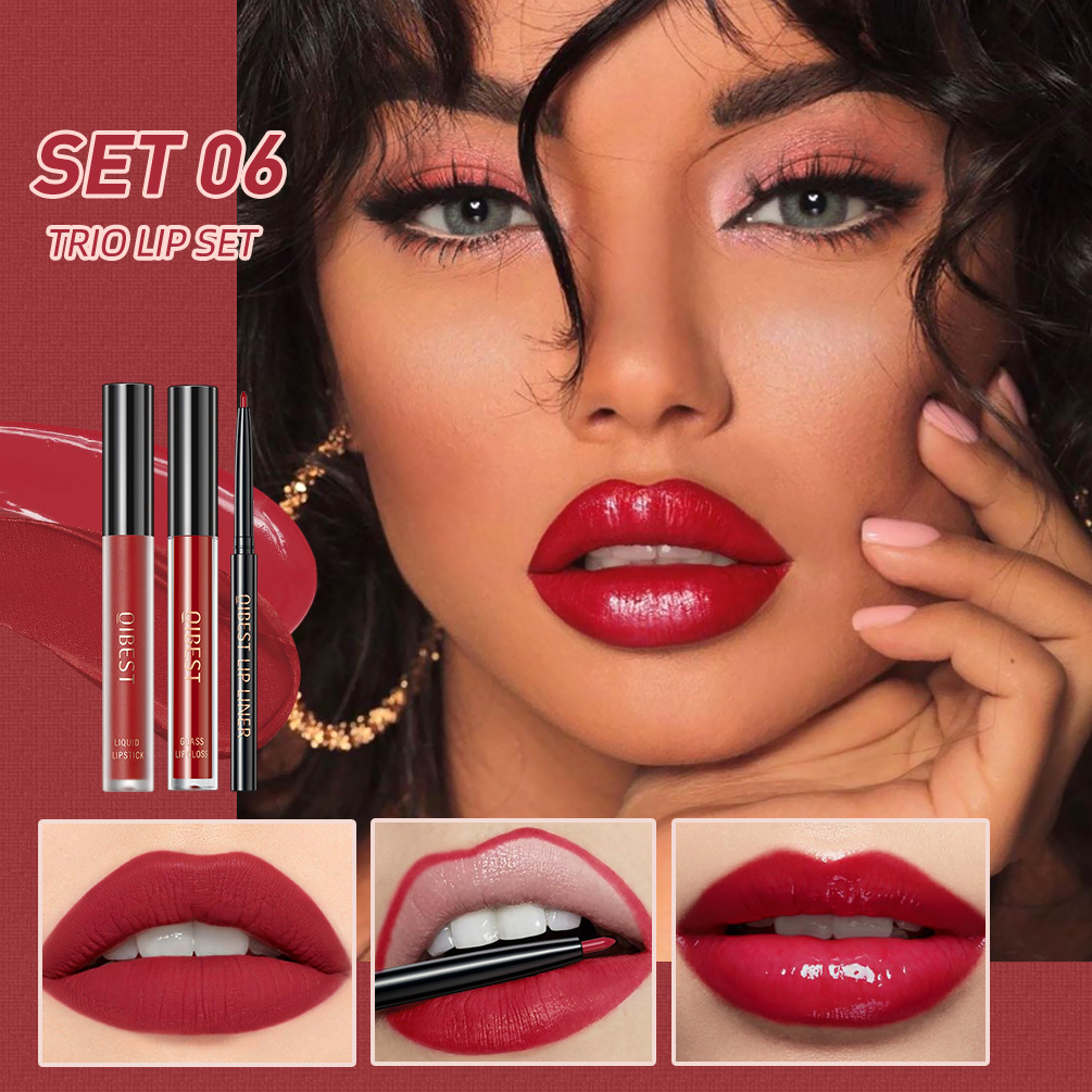 QIBEST Cross Border non-stick cup non-fading lip glaze matte mist moisturizing lip line set 3-in-1 Makeup Application Scenario