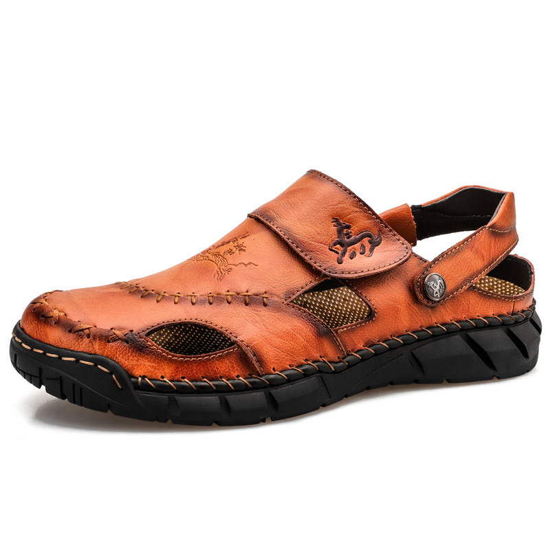Amazon Spring/Summer men's plus-size sandals, trendy leather beach shoes, flip-flops, plus-size men's shoes, sewn shoes, cross-border full figure