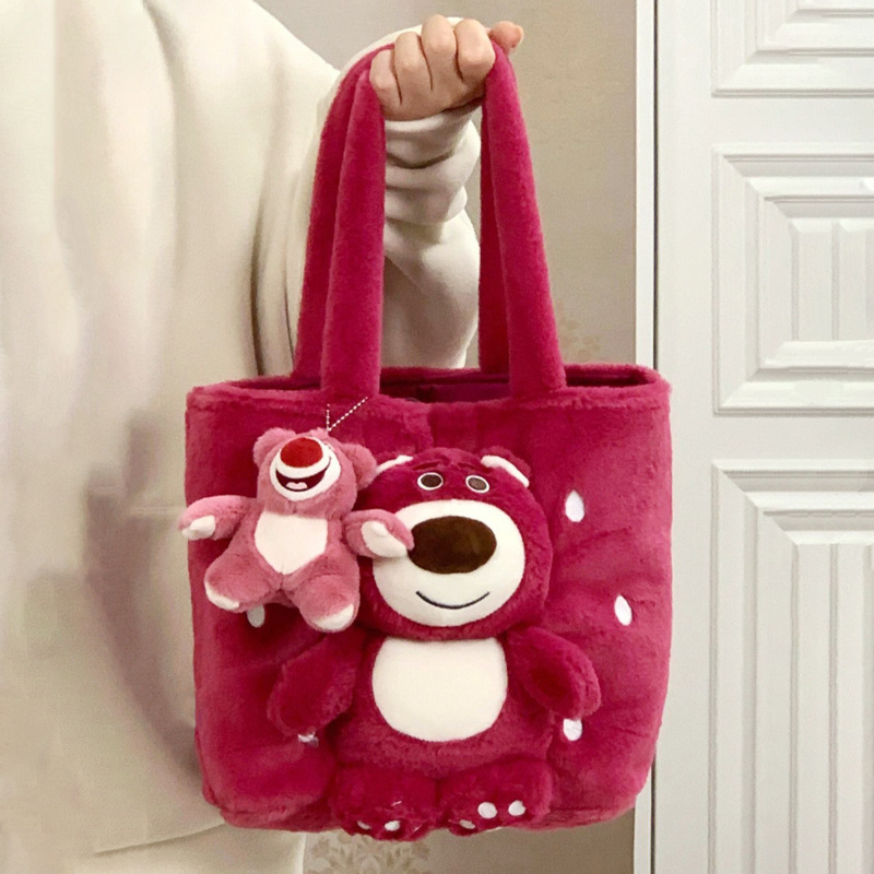 Cute plush bag for girls Autumn/Winter 2023 new Tote bag, fluffy handbag, strawberry bear sweet girl shoulder bag details Picture