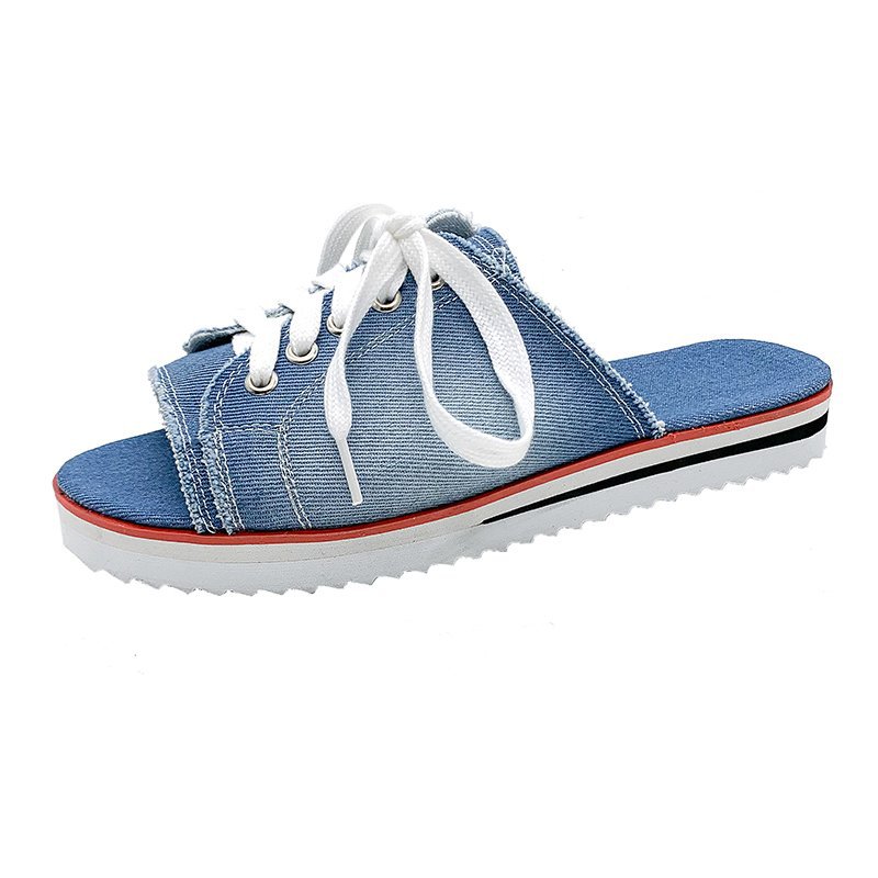 2021 Summer new cross-border foreign trade large-sized personalized casual denim canvas solid color one-line women's slippers Item Picture
