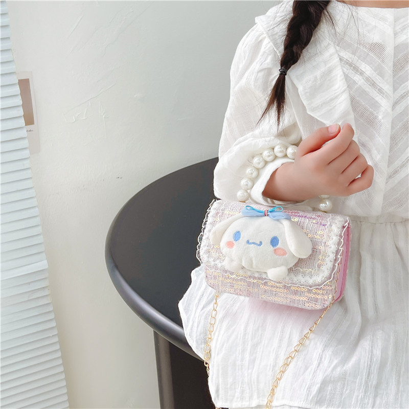 New pearl handbag, cotton and linen children's single-shoulder bag, mini square, trendy and versatile girls' chain, princess coin purse details Picture