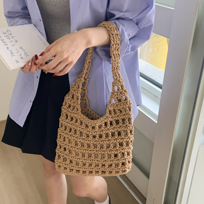 Large-capacity commuting woven bag for women, 2025 new style retro hollowed-out knitted bag, relaxed grid beach bag Specification drawing