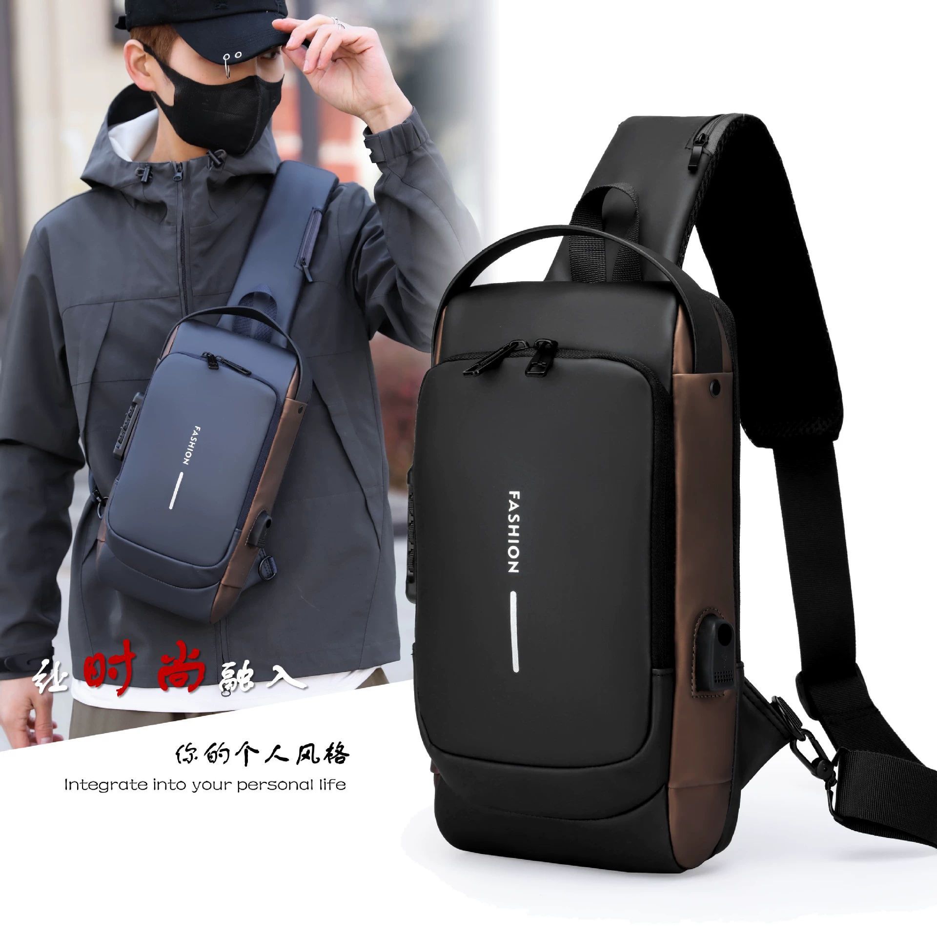 Motorcycle chest bag, USB charging, men's single-shoulder crossbody bag, casual multi-functional waist bag, anti-theft and waterproof backpack, export bag full figure