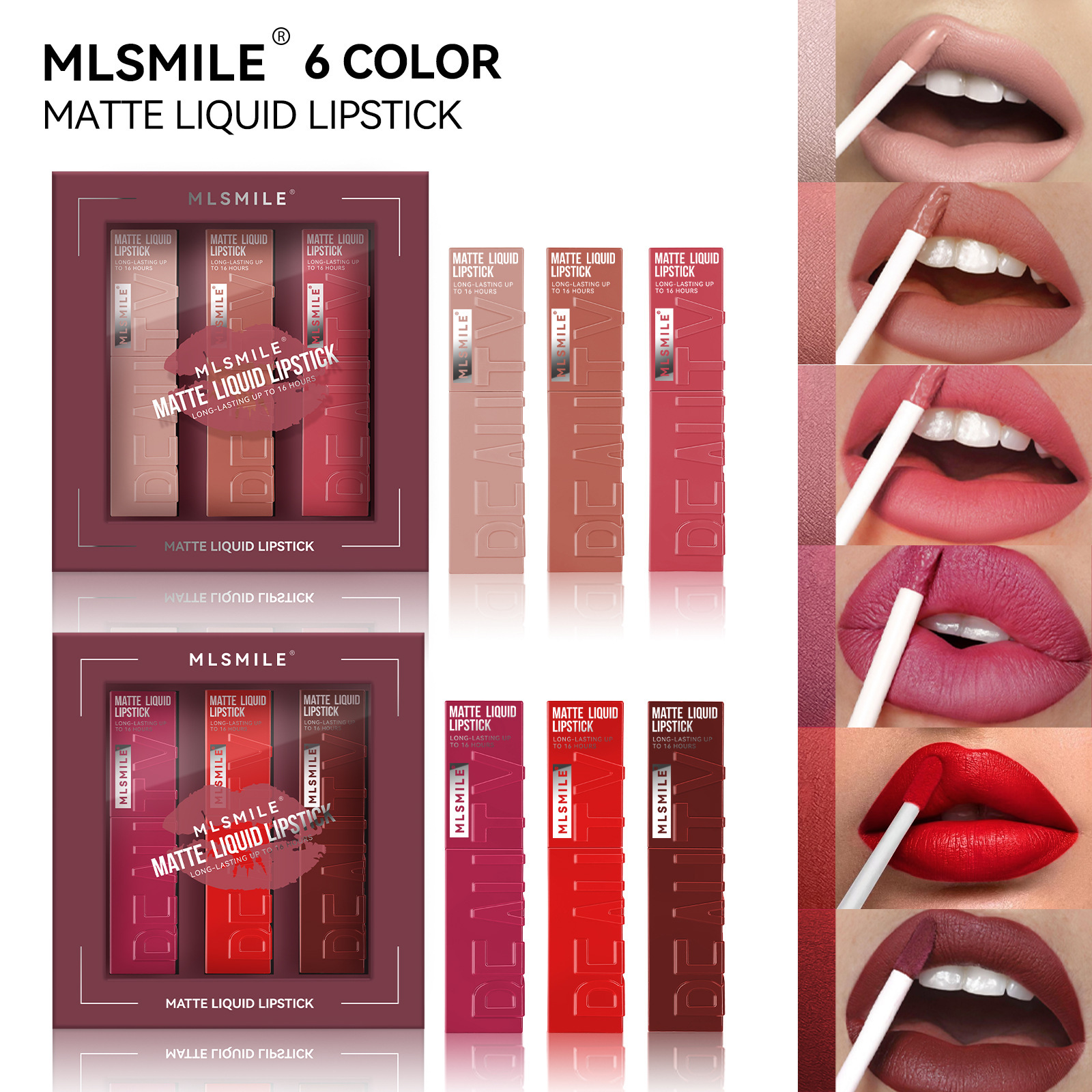 MLSMILE 3-color set: European and American non-stick cup lip gloss, matte liquid, matte lipstick, Lip dye and lip gloss full figure