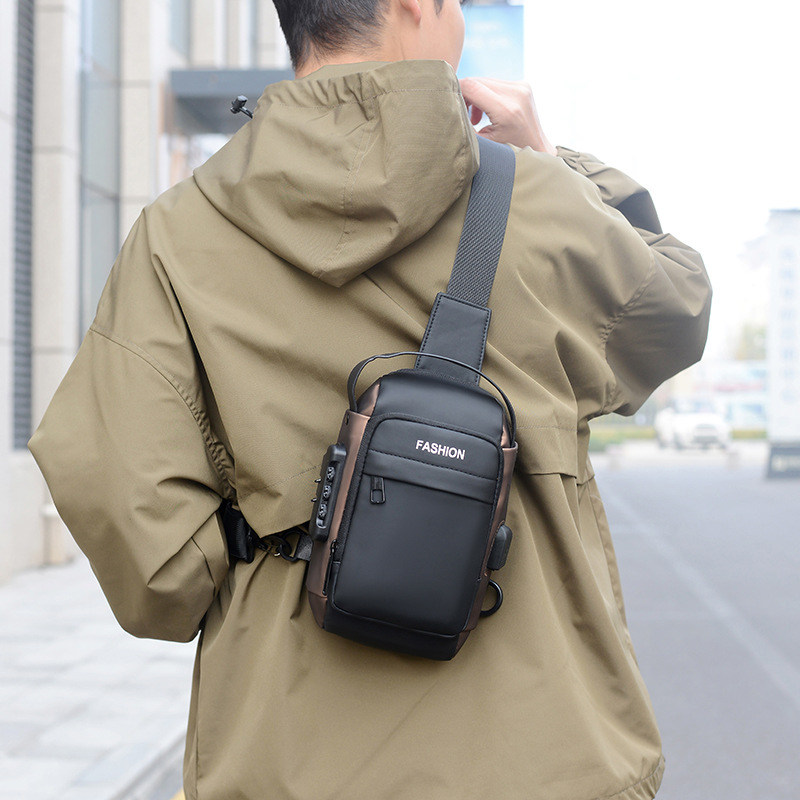 New USB charging crossbody fashionable single-shoulder bag, casual sports anti-theft small backpack, multi-functional password lock chest bag Application Scenario