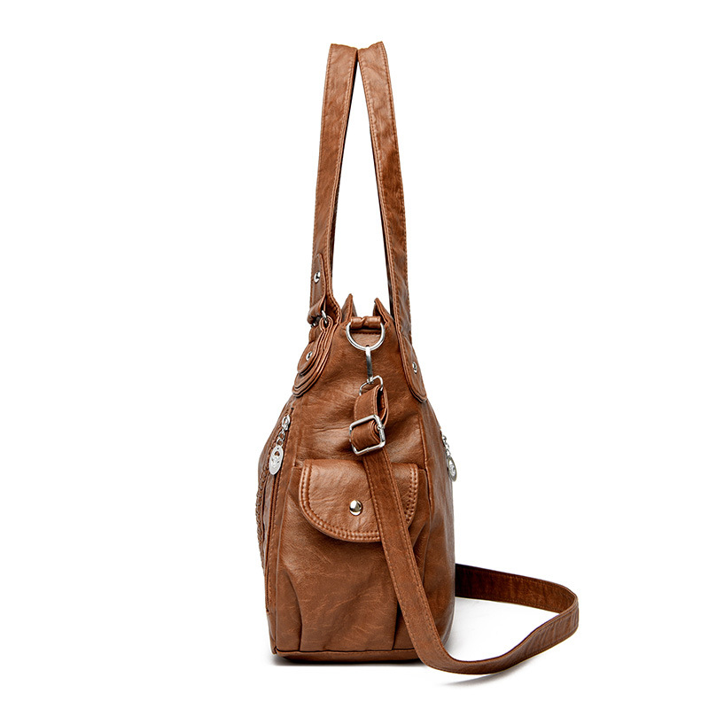 Amazon's best-selling cross-border woven retro large-capacity washed leather single-shoulder crossbody bag, handbag, middle-aged mom bag Specification drawing