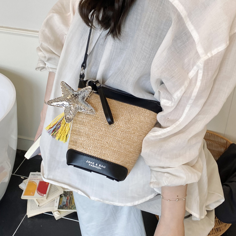 Fashionable straw woven bag for women 2025 summer new trendy woven single-shoulder crossbody women's bag, versatile bucket bag with patchwork Specification drawing