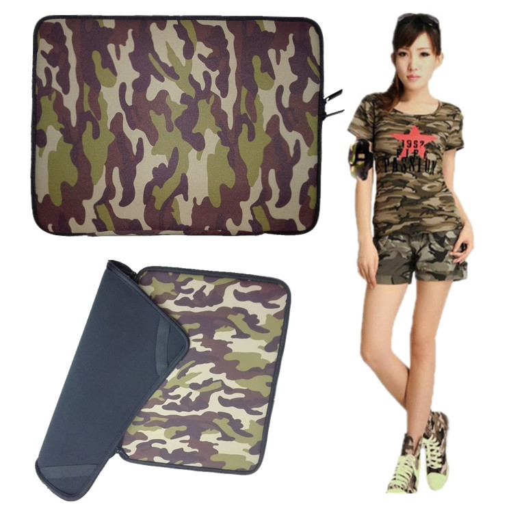 This dual-zipper inner bag is suitable for 11-inch, 13-inch and 15-inch Apple protective cases and camouflage military green laptops full figure