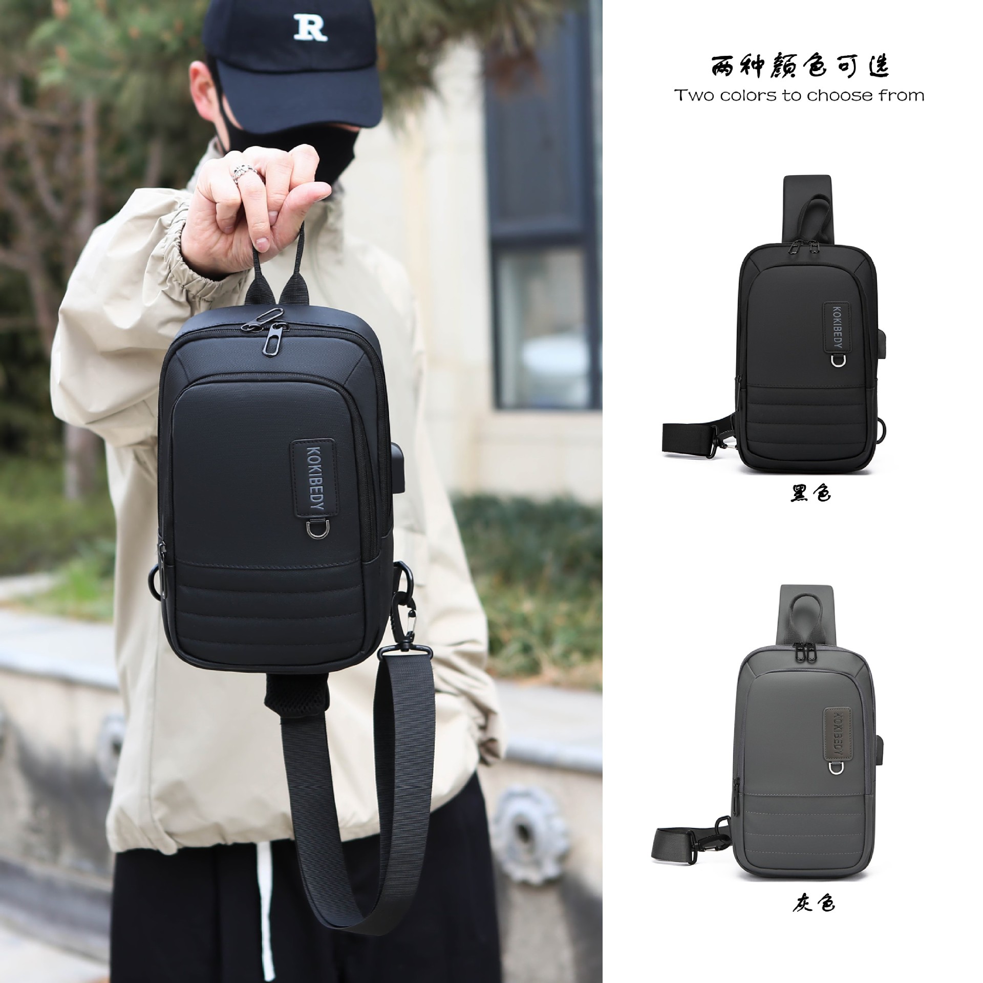 Sports chest backpack, USB charging port bag, fashionable single-shoulder crossbody bag, cross-border wholesale, men's chest bag, multi-functional details Picture