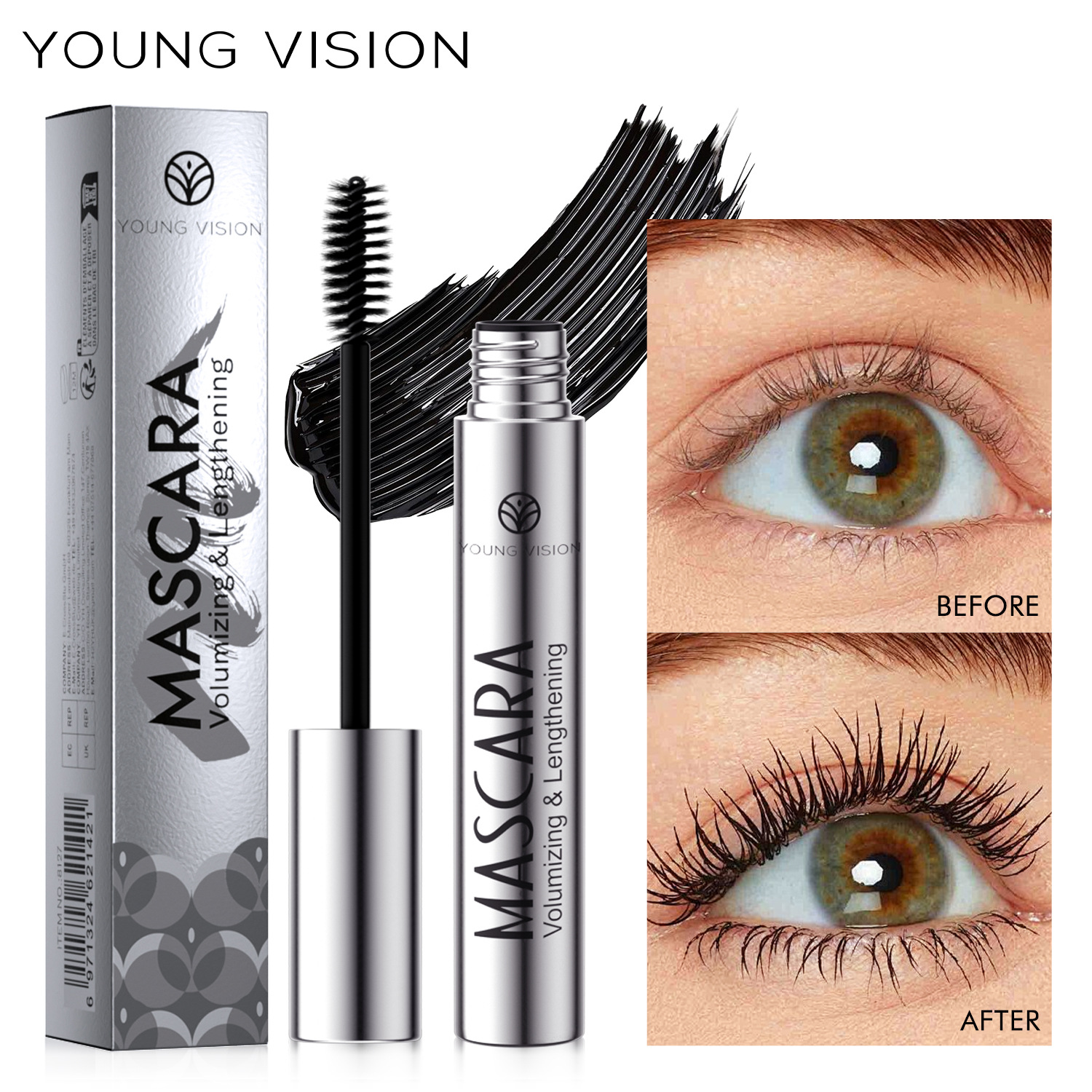 young vision makeup is rich and thick, with a water-like curling mascara and a silver tube black drawstring fiber mascara full figure