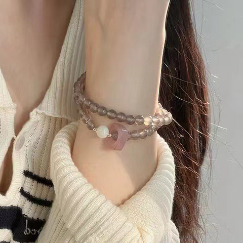 Grey agate crystal bracelet, a niche design for women, white butterfly shell bracelet, a high-end natural strawberry crystal double-ring bracelet for best friends, 281 Specification drawing