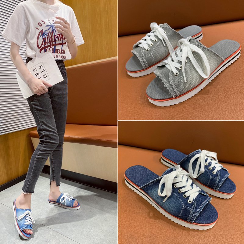 2021 Summer new cross-border foreign trade large-sized personalized casual denim canvas solid color one-line women's slippers full figure